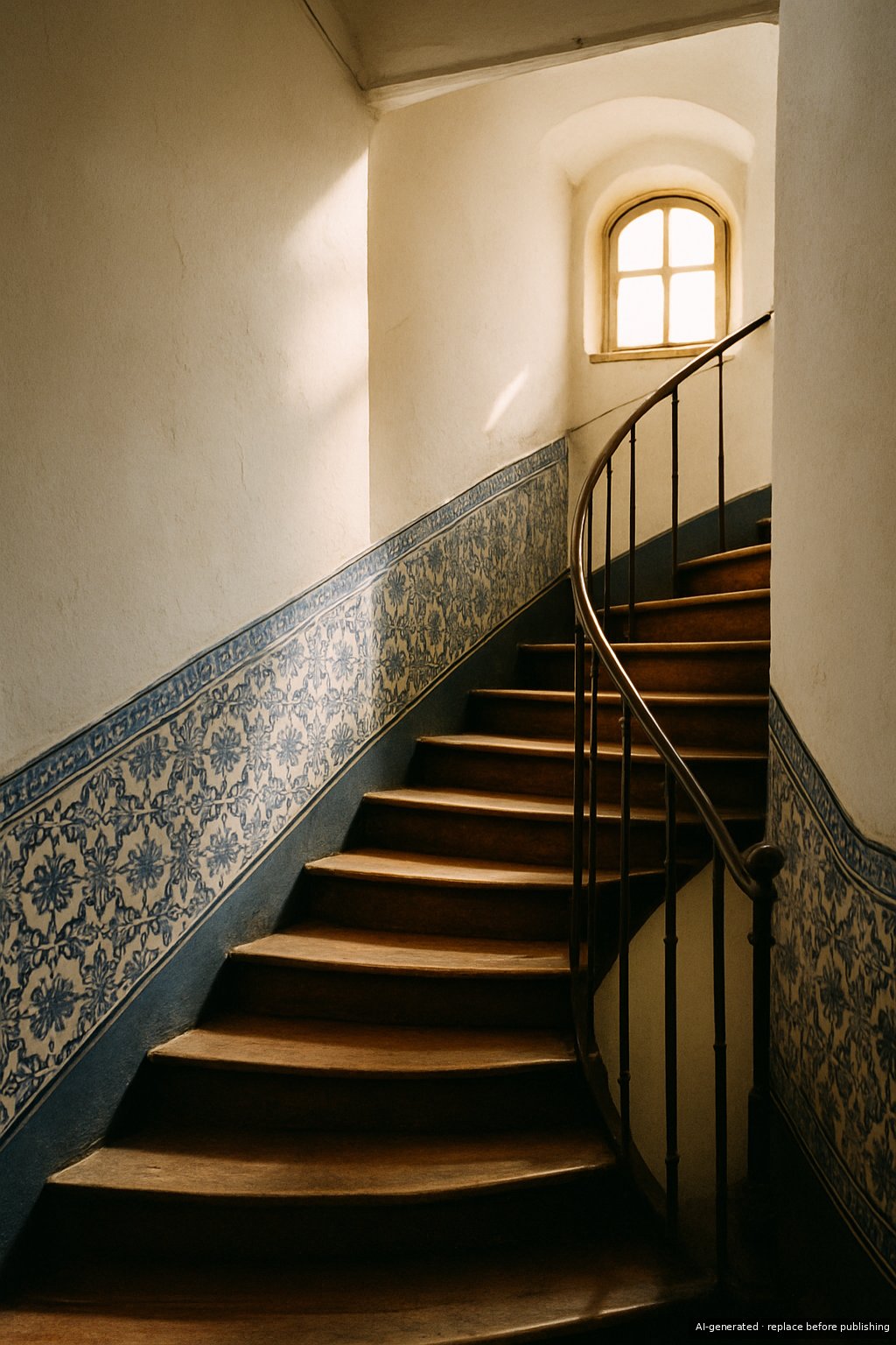 Traditional Alfama stairwell with azulejo tiles